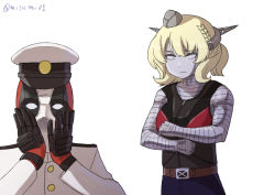 Rule 34 | 1boy, 1girl, admiral (kancolle), blonde hair, braid, colorado (kancolle), colossus (x-men), commentary request, crossover, deadpool, deadpool (movie), deadpool (series), hat, headgear, kantai collection, marvel, military, military hat, military uniform, misumi (niku-kyu), naval uniform, object on head, panties, panties on head, panty mask, parody, peaked cap, pun, short hair, side braids, simple background, twitter username, underwear, uniform, white background, white panties, x-men