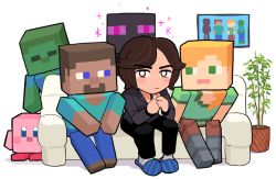 Rule 34 | 1girl, 1other, 4boys, :|, alex (minecraft), aqua shirt, black eyes, black pants, black skin, blazer, blonde hair, blue eyes, blue footwear, blue pants, blush stickers, bright pupils, brown footwear, brown hair, closed mouth, colored skin, commentary, couch, enderman, english commentary, gashi-gashi, green eyes, green shirt, green skin, grey jacket, jacket, kirby, kirby (series), long hair, long sleeves, looking at another, looking at viewer, minecraft, multiple boys, nintendo, official style, on couch, own hands together, pants, pink skin, plant, purple eyes, real life, sakurai masahiro, shirt, short hair, short sleeves, simple background, sitting, slippers, socks, sparkle, steve (minecraft), striped clothes, striped footwear, super smash bros., swept bangs, very short hair, white background, white legwear, white pupils, zombie, zombie (minecraft)
