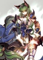 Rule 34 | 1girl, animal ears, armor, armored dress, boots, c.c., code geass, cosplay, creayus, erune, granblue fantasy, green hair, heles, heles (cosplay), kemonomimi mode, long hair, solo, thigh boots, thighhighs, yellow eyes