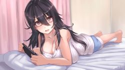 Rule 34 | 1girl, barefoot, black hair, blue shorts, breast press, breasts, brown eyes, cleavage, collarbone, feet, glasses, hair between eyes, handheld game console, highres, holding, holding handheld game console, huge breasts, indoors, long hair, looking at viewer, lying, messy hair, natsuishi nana, on bed, on stomach, open mouth, original, pillow, playstation portable, red-framed eyewear, shirt, shorts, sidelocks, sleeveless, smile, solo, spaghetti strap, tank top, teeth, upper teeth only, white shirt