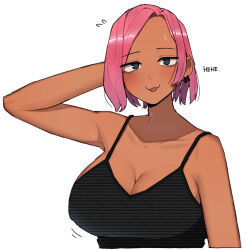 Rule 34 | 1girl, blush, breasts, cleavage, dark-skinned female, dark skin, earrings, english text, jewelry, large breasts, looking at viewer, ohasi, original, pink (ohasi), pink hair, short hair, simple background, solo, sweat, tank top, white background