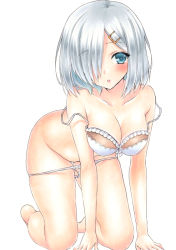 Rule 34 | 1girl, :o, all fours, bare legs, bare shoulders, barefoot, blush, bra, breasts, cleavage, collarbone, frilled bra, frills, grey hair, groin, hair ornament, hair over one eye, hairclip, hamakaze (kancolle), kantai collection, looking at viewer, marker (medium), medium breasts, open mouth, panties, ren (endscape20), short hair, simple background, solo, tareme, traditional media, underwear, underwear only, white background, white bra, white panties