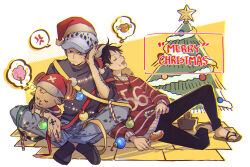 Rule 34 | 2boys, arm tattoo, black hair, black pants, black shirt, christmas ornaments, christmas tree, denim, dreaming, drooling, facial hair, food, hand on own head, hat, head rest, holding, holding food, jeans, leaning on person, light frown, male focus, merry christmas, monkey d. luffy, mouth drool, multiple boys, one piece, pants, red sweater, reindeer, sandals, santa hat, shade, shirt, sleeping, sleeping on person, sleeping upright, sleeves rolled up, sweater, tattoo, tony tony chopper, trafalgar law, yellow eyes, yurichi (artist)