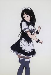 Rule 34 | 10s, 1girl, absurdres, alternate costume, black hair, black thighhighs, chitanda eru, enmaided, highres, hyouka, long hair, looking back, maid, maid headdress, official art, simple background, solo, standing, thighhighs, white background, wrist cuffs