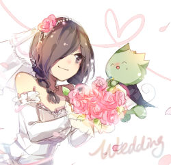 Rule 34 | 1girl, ^ ^, blush, bouquet, bridal veil, bride, brown eyes, brown hair, closed eyes, defect mogeko, dress, english text, flower, formal, funamusea, good end, hair flower, hair ornament, hair over one eye, heart, holding, jewelry, kurai yonaka, mary (14476764), mogeko castle, necklace, one eye covered, open mouth, ornate ring, petals, ring, shadow, sidelocks, simple background, smile, sweatdrop, tail, teardrop, tearing up, veil, wedding, wedding dress, wedding ring, white background
