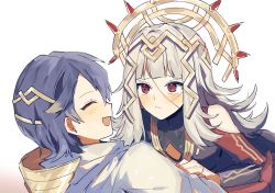 Rule 34 | 1boy, 1girl, 3days siesta, alfonse (fire emblem), black dress, blonde hair, blue hair, blush, brown gloves, closed eyes, closed mouth, clothing cutout, commentary request, dress, fire emblem, fire emblem heroes, gloves, gold trim, gradient hair, grey hair, hair between eyes, hair ornament, highres, jewelry, long hair, long sleeves, looking at another, lying, lying on person, multicolored hair, nintendo, open mouth, red eyes, red sleeves, shirt, short hair, shoulder cutout, simple background, smile, tiara, tongue, two-tone hair, veronica (fire emblem), white background, white shirt