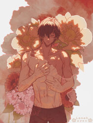 Rule 34 | 1boy, artist name, black hair, black pants, closed eyes, facing viewer, flower, hair over one eye, highres, lanahpyon, male focus, pants, scar, scar on face, scar on hand, scar on stomach, slow damage, solo, stitches, topless male, towa (slow damage)