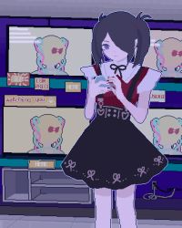 Rule 34 | 2girls, ame-chan (needy girl overdose), animal, animated, animated gif, bird, black hair, black skirt, blue eyes, bow, cellphone, chouzetsusaikawa tenshi-chan, crow, dithering, dress, english text, feet out of frame, hair bow, hair over one eye, high-waist skirt, highres, looking at phone, looping animation, multicolored hair, multicolored nails, multiple girls, nail polish, needy girl overdose, peco-pech, phone, pixel art, power lines, skirt, smartphone, standing, suspender skirt, suspenders, television, twintails