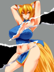Rule 34 | 1girl, alternate costume, animal ears, armpits, arms behind head, arms up, blonde hair, blue dress, breasts, china dress, chinese clothes, cleavage, dress, fox ears, fox tail, grey background, highres, large breasts, looking at viewer, midriff, multiple tails, navel, parmiria, solo, tail, torn, touhou, yakumo ran, yellow eyes