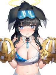 Rule 34 | 1girl, ahoge, animal ears, bare shoulders, black hair, blue archive, blue eyes, blush, breasts, character name, cheerleader, cleavage, clothes writing, collarbone, dog ears, doggo34476335, eyewear on head, halo, hibiki (blue archive), hibiki (cheer squad) (blue archive), highres, holding, holding pom poms, looking at viewer, medium breasts, medium hair, midriff, millennium cheerleader outfit (blue archive), navel, official alternate costume, pom pom (cheerleading), pom poms, simple background, solo, star sticker, sticker on face, sunglasses, white background