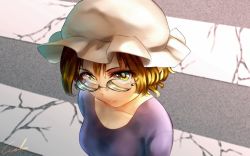 Rule 34 | 1girl, bespectacled, blonde hair, breasts, closed mouth, collarbone, crosswalk, eyelashes, from above, glasses, hair between eyes, hat, light smile, looking at viewer, maribel hearn, mob cap, purple shirt, shirt, short hair, signature, solo, touhou, upper body, welt (kinsei koutenkyoku), white hat, yellow eyes