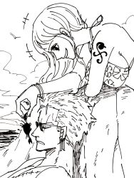 Rule 34 | 1boy, 1girl, archived source, arm tattoo, bad id, bad twitter id, bracelet, commentary request, crab, earrings, greyscale, highres, jewelry, long hair, looking at another, monochrome, nami (one piece), one piece, potechi norisio, roronoa zoro, scar, scar across eye, scar on chest, short hair, sky, smile, sunglasses, swimsuit, tattoo, upper body