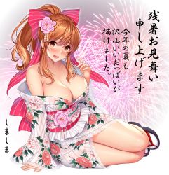 Rule 34 | 1girl, :d, arm support, blush, breasts, brown eyes, brown hair, cleavage, clog sandals, collarbone, female focus, fireworks, floral print, flower, full body, gaien nozomi, hair flower, hair ornament, highres, japanese clothes, kimono, large breasts, long hair, long sleeves, looking at viewer, matching hair/eyes, obi, off shoulder, official art, open mouth, ponytail, re:shimashima, sandals, sash, sidelocks, sitting, smile, solo, sweat, tabi, tokyo exe girls, translation request, wide sleeves, yokozuwari, zouri