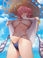 Rule 34 | 1girl, areola slip, bikini, bikini bottom only, blue bikini, blue sky, blush, bracelet, breasts, clothes lift, day, fate/grand order, fate (series), from below, grin, groin, hair between eyes, hat, highleg, highleg bikini, jewelry, large breasts, lifting own clothes, looking at viewer, nasaca, navel, ocean, outdoors, pink hair, skindentation, sky, smile, solo, standing, stomach, straw hat, string bikini, sweat, swimsuit, tamamo (fate), tamamo no mae (fate/extra), tamamo no mae (swimsuit lancer) (fate), underboob, wet, yellow eyes