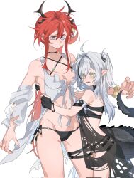 Rule 34 | 2girls, ahoge, arknights, bikini, black bikini, black bikini bottom, black choker, black gloves, bracelet, breasts, chinese commentary, choker, cleavage, closed mouth, commentary request, corrupted twitter file, crying, demon horns, gloves, grey hair, highres, horns, jewelry, lizard tail, long hair, medium breasts, molu stranger, multiple girls, partially fingerless gloves, pointy ears, red hair, sidelocks, surtr (arknights), sweatdrop, swimsuit, tail, tears, thigh strap, tomimi (arknights), twintails, white bikini, white hair, yellow eyes