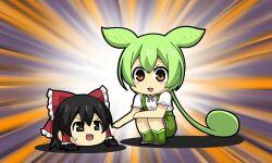 Rule 34 | 2girls, black eyes, black hair, blush stickers, bow, brown background, brown eyes, commentary request, crossover, flat chest, frilled bow, frilled hair tubes, frills, full body, green brooch, green footwear, green hair, green shorts, hair bow, hair tubes, hakurei reimu, looking at viewer, low ponytail, matsudora124, multiple girls, open mouth, pea pod, red bow, shirt, short hair, short sleeves, shorts, squatting, suspender shorts, suspenders, sweatdrop, touhou, v-shaped eyebrows, voicevox, white shirt, yukkuri shiteitte ne, zundamon