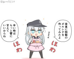 Rule 34 | 1girl, anchor symbol, apron, black sailor collar, black skirt, black thighhighs, blue eyes, bowl, chibi, commentary request, flat cap, full body, goma (yoku yatta hou jane), hat, hibiki (kancolle), kantai collection, long hair, open mouth, pink apron, pleated skirt, sailor collar, school uniform, serafuku, silver hair, simple background, skirt, solo, standing, thighhighs, translation request, tray, twitter username, white background