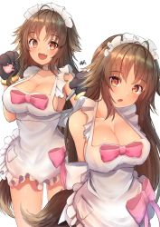 Rule 34 | 1girl, :d, animal ears, animal hands, apron, bare shoulders, blush, breasts, brown hair, cleavage, commentary, dark skin, fang, gloves, hand up, highres, hiromaster sinta jh, kaori (princess connect!), large breasts, long hair, looking at viewer, multiple views, open mouth, princess connect!, signature, simple background, smile, tail, very long hair, white background