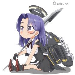 Rule 34 | 1girl, ahenn, blue eyes, blue hair, chibi, commentary request, halo, holding, kantai collection, long hair, lowres, machinery, mechanical halo, polearm, simple background, sitting, smile, solo, tatsuta (kancolle), tatsuta kai ni (kancolle), turret, twitter username, weapon, white background