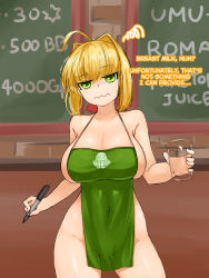 Rule 34 | 1girl, ahoge, apron, blonde hair, breasts, english text, fate/grand order, fate (series), green eyes, highres, iced latte with breast milk (meme), long hair, looking at viewer, meme, naked apron, nero claudius (fate), nero claudius (fate) (all), solo, steamingtofu