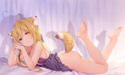 Rule 34 | 1girl, 8d8d8, ahoge, animal ear fluff, animal ears, barefoot, bed sheet, blonde hair, blue eyes, blush, bottomless, breasts, cat ears, cat girl, cat tail, dress, feet, heterochromia, long hair, lying, medium breasts, nipples, on bed, on stomach, original, parted lips, see-through, see-through dress, soles, solo, squinting, tail, tail from the crypt, tail raised, teeth, toes, yellow eyes
