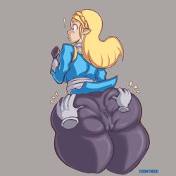 Rule 34 | !, 1girl, 1other, anus, ass, ass grab, blonde hair, blue eyes, blush, breasts, cleft of venus, clothes, countmoxi, embarrassed, fingerless gloves, gloves, grabbing, grey background, highres, huge ass, long hair, looking back, nintendo, princess zelda, pussy, simple background, surprised, the legend of zelda, the legend of zelda: breath of the wild