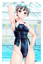 Rule 34 | 1girl, absurdres, armpits, black hair, black one-piece swimsuit, blue eyes, breasts, clock, clothes writing, competition swimsuit, covered navel, goggles, goggles on head, groin, hand on own hip, highres, indoors, lane line, one-piece swimsuit, original, pool, presenting armpit, small breasts, solo, string of flags, swim cap, swimsuit, takafumi, white headwear
