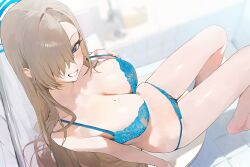 Rule 34 | 1girl, asuna (blue archive), bare shoulders, blue archive, blue bra, blue eyes, blue panties, blush, bra, breasts, cleavage, collarbone, grin, hair over one eye, halo, large breasts, light brown hair, long hair, looking at viewer, panties, preview (preview0), smile, solo, thighs, underwear, very long hair