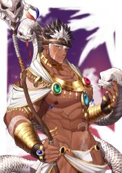 Rule 34 | 1boy, abs, alternate costume, arm tattoo, bad id, bad pixiv id, bara, beard, bellsugar, brown hair, bulge, dark-skinned male, dark skin, facial hair, fur collar, headband, highres, jewelry, large pectorals, long sideburns, looking at viewer, male focus, male pubic hair, multicolored hair, muscular, navel, necklace, nipples, pectorals, pointy ears, pubic hair, revealing clothes, shaman, sideburns, snake, solo, spiked hair, staff, stomach tattoo, tangaroa (housamo), tattoo, tokyo houkago summoners, topless male, upper body, white hair, yellow eyes