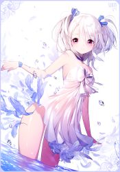 Rule 34 | 1girl, artist name, bad id, bad pixiv id, blush, bubble, choker, dress, feathers, hair ribbon, looking at viewer, original, pink eyes, ribbon, short hair, smile, solo, strapless, strapless dress, sukja, two side up, wading, water, white background