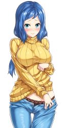 Rule 34 | 10s, 1girl, black panties, blue eyes, blue hair, blush, breasts, clothes lift, denim, female focus, gundam, gundam build fighters, iori rinko, jeans, lace, lace-trimmed panties, lace trim, large breasts, lingerie, long hair, looking at viewer, matching hair/eyes, mature female, open fly, panties, pants, ponytail, ribbed sweater, simple background, smile, solo, sweater, sweater lift, turtleneck, unbuttoned, underwear, unzipped, uyu (keyakinoki)