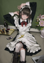 Rule 34 | 1girl, absurdres, alcohol, ankle boots, apron, black dress, blush, bob cut, boots, bottle, bow, bowtie, brown eyes, brown hair, closed mouth, computer, cross, cross-laced footwear, cross earrings, crossed legs, cup, dress, drinking glass, earrings, flower, gishiki (gshk), glass, hands up, highres, jewelry, laptop, latin cross, long sleeves, looking at viewer, maid, maid headdress, medium hair, original, pink flower, red bow, red bowtie, red pupils, sitting, smile, solo, thighhighs, tray, whiskey, white apron, white thighhighs, wine bottle, wine glass
