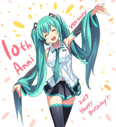 Rule 34 | 1girl, :d, ^ ^, anniversary, aqua hair, arm up, black skirt, black thighhighs, breasts, closed eyes, collared shirt, cowboy shot, detached sleeves, hair between eyes, happy birthday, hatsune miku, headset, long hair, medium breasts, open mouth, pleated skirt, saiste, shirt, sidelocks, skirt, sleeveless, sleeveless shirt, smile, solo, suspenders, thighhighs, very long hair, vocaloid, white shirt, zettai ryouiki