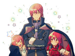 Rule 34 | 1boy, 2girls, aged down, armor, brother and sister, cape, closed eyes, closed mouth, crossed arms, fire emblem, fire emblem: mystery of the emblem, fire emblem heroes, hairband, headband, highres, long sleeves, maria (fire emblem), matching hair/eyes, michalis (fire emblem), minerva (fire emblem), multiple girls, nintendo, nishimura (shinchinagachi), one-hour drawing challenge, open mouth, red eyes, red hair, short hair, siblings, sisters, star (symbol), twitter username