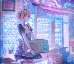 Rule 34 | 1girl, black dress, blonde hair, box, cardboard box, closed mouth, collared dress, commentary, convenience store, dress, frilled cuffs, frilled dress, frilled hairband, frills, hairband, highres, holding, holding box, idolmaster, idolmaster shiny colors, indoors, looking at viewer, neck ribbon, purple eyes, red ribbon, ribbon, roki (0214278), saijo juri, shop, short dress, short hair, short sleeves, solo, standing, thighhighs, white thighhighs, wrist cuffs