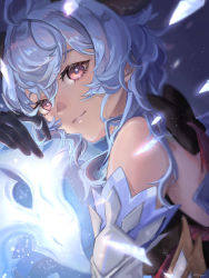 Rule 34 | 1girl, bare shoulders, black gloves, blue hair, blurry, closed mouth, depth of field, detached sleeves, eyelashes, ganyu (genshin impact), genshin impact, gloves, glowing, hand up, highres, horns, hug, long hair, looking at viewer, looking to the side, nonori i, qilin (mythology), red eyes, shards, smile, upper body