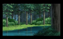 Rule 34 | birijian, black border, border, bush, day, forest, grass, nature, no humans, outdoors, river, scenery, touhou, tree, water
