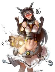 Rule 34 | !?, 10s, 1girl, ^^^, anchor, artist name, black hair, blush, breasts, didloaded, elbow gloves, explosion, fingerless gloves, full-face blush, gloves, groin, hairband, headgear, kantai collection, long hair, midriff, nagato (kancolle), navel, no panties, open mouth, pleated skirt, red eyes, signature, simple background, skirt, solo, very long hair, wardrobe malfunction, white background