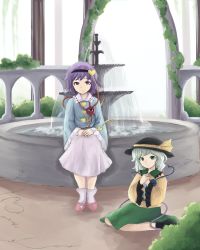Rule 34 | 2girls, ankle boots, ankle socks, aqua hair, arch, blouse, boots, bush, expressionless, fountain, frilled sleeves, frills, green eyes, hairband, hands on lap, hands on own chest, hat, hat ribbon, heart, highres, khylimei, komeiji koishi, komeiji satori, looking at viewer, multiple girls, on ground, plant, purple eyes, purple hair, ribbon, shirt, short hair, siblings, sisters, sitting, sketch, skirt, slippers, smile, socks, third eye, touhou, vines, wariza