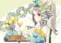 Rule 34 | 1girl, animal ears, animal hat, aona (noraneko), aqua dress, aqua flower, basket, beret, birdcage, blue flower, blue hat, blue rose, blue tulip, bow, braid, braided bangs, branch, cage, collar, daisy, doily, dress, easter, easter egg, egg, fake animal ears, flower, flower trim, frilled collar, frills, from side, gloves, green background, green bow, green eyes, grey hair, halter dress, halterneck, hat, hat bow, hat flower, holding, holding egg, holding paintbrush, long hair, long sleeves, looking at viewer, looking to the side, off-shoulder dress, off shoulder, original, paintbrush, painting (action), parted lips, ponytail, rabbit, rabbit ears, rabbit hat, rose, solo, tulip, upper body, white flower, white gloves, wreath, yellow flower, yellow rose, yellow tulip