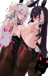Rule 34 | 2girls, animal ears, arms up, ass, black hair, blush, bow, bowtie, breast press, breasts, detached collar, embarrassed, fake animal ears, fake tail, hand on another&#039;s hip, heart, highres, large breasts, leotard, multiple girls, original, pink eyes, playboy bunny, rabbit, rabbit ears, rabbit pose, rabbit tail, rima (0136), simple background, symmetrical docking, tail, white background, white hair, wrist cuffs