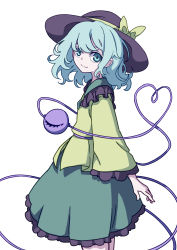 Rule 34 | 1girl, absurdres, black hat, bow, closed mouth, cowboy shot, eyebrows hidden by hair, frilled skirt, frilled sleeves, frills, from side, green eyes, green hair, hat, hat bow, heart, heart of string, highres, kame (kamepan44231), komeiji koishi, long sleeves, looking at viewer, one-hour drawing challenge, ribbon, shirt, short hair, simple background, skirt, smile, solo, standing, third eye, touhou, white background, wide sleeves, yellow ribbon, yellow shirt