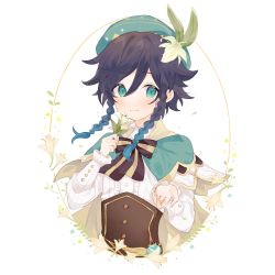 Rule 34 | 1boy, beret, black hair, blue hair, blush, bow, cape, closed mouth, commentary request, flower, genshin impact, gradient hair, green eyes, green hat, hat, hat flower, highres, holding, holding flower, long sleeves, looking at viewer, male focus, multicolored hair, simple background, solo, star (symbol), tamamura (tmmr5), trap, venti (genshin impact), vision (genshin impact), white flower