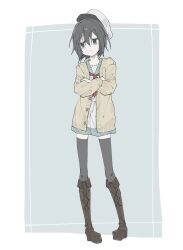 Rule 34 | 1girl, :t, black hair, black pantyhose, boots, brown footwear, cardigan, closed mouth, commentary, crossed arms, flat chest, full body, green eyes, green sailor collar, hair between eyes, hat, highres, kayano (kyn soto), long sleeves, murasa minamitsu, neckerchief, open cardigan, open clothes, pantyhose, red neckerchief, sailor collar, sailor shirt, shirt, short hair, shorts, solo, touhou, white hat, white shirt, white shorts, yellow cardigan