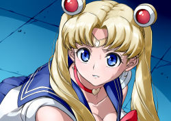 Rule 34 | 1girl, ariina (shiokeidanshi), bad id, bad pixiv id, bishoujo senshi sailor moon, blonde hair, blue eyes, blue sailor collar, breasts, choker, circlet, cleavage, clenched teeth, collarbone, commentary request, crescent, crescent earrings, derivative work, earrings, hair over shoulder, heart, heart choker, jewelry, large breasts, long hair, looking at viewer, meme, red choker, sailor collar, sailor moon, sailor moon redraw challenge (meme), sailor senshi uniform, screenshot redraw, solo, sweatdrop, teeth, tsukino usagi, twintails