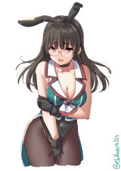 Rule 34 | 1girl, adapted costume, alternate costume, aqua vest, ascot, black gloves, black hair, black leotard, blush, breasts, brown pantyhose, choker, choukai (kancolle), choukai kai ni (kancolle), cleavage, covered navel, covering privates, covering crotch, cowboy shot, ebifurya, embarrassed, glasses, gloves, highres, kantai collection, leotard, long hair, medium breasts, one-hour drawing challenge, open mouth, pantyhose, playboy bunny, red eyes, rimless eyewear, sailor collar, simple background, solo, tailcoat, twitter username, vest, white background