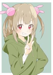 Rule 34 | 1girl, absurdres, bad id, bad twitter id, bandaged arm, bandages, blush, bright pupils, donguri suzume, fang, fingernails, green background, hair ornament, highres, hood, hood down, hoodie, light brown hair, long hair, long sleeves, looking at viewer, nail polish, natori sana, pink nails, rabbit hair ornament, red eyes, sana channel, simple background, smile, solo, two side up, upper body, v, virtual youtuber