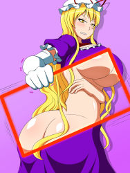 Rule 34 | 1girl, ass, bad id, bad pixiv id, blonde hair, blush, breasts, butt crack, choker, cleavage, clenched teeth, dress, elbow gloves, frilled dress, frills, gloves, hat, highres, huge ass, huge breasts, lactone, large breasts, long hair, mob cap, purple background, purple dress, ribbon choker, solo, teeth, touhou, trembling, twisted torso, underboob, white gloves, x-ray, yakumo yukari, yellow eyes