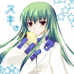 Rule 34 | 00s, 1girl, :3, brown eyes, c.c., cheese-kun, closed eyes, code geass, creature, green hair, long sleeves, looking at viewer, pizza hut, robe, sidelocks, simple background, solo, straitjacket, upper body, white background