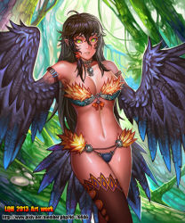 Rule 34 | 1girl, ahoge, arm belt, artist name, bare shoulders, bikini, bird tail, bird wings, black hair, black wings, breasts, character request, cleavage, collar, commentary request, copyright request, dark-skinned female, dark skin, day, feather trim, feathered wings, feathers, forest, green eyes, hair between eyes, hair tubes, harpy, jewelry, large breasts, lieqi hun, long hair, looking at viewer, midriff, monster girl, nature, navel, necklace, official art, pointy ears, sidelocks, solo, sunlight, swimsuit, tail, thighhighs, very long hair, watermark, web address, winged arms, wings